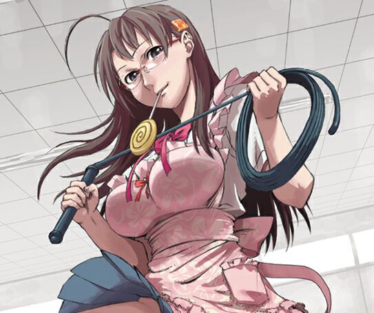 ahoge ane_to_muchi apron breasts candy cropped food glasses kasuga_shun large_breasts lollipop long_hair skirt solo swirl_lollipop whip