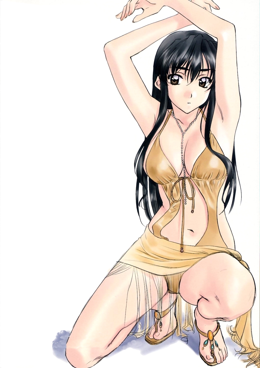 armpits arms_up black_hair breasts brown_eyes cleavage hair_down highres jewelry large_breasts long_hair matsuoka_chie necklace polorinken sandals sentimental_graffiti solo