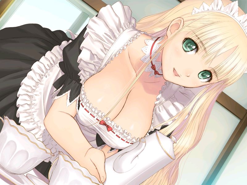 blonde_hair breasts choker clalaclan_philias cleavage cup dutch_angle frills green_eyes large_breasts leaning_forward long_hair maid shining_(series) shining_wind smile solo tanaka_takayuki teacup teapot very_long_hair