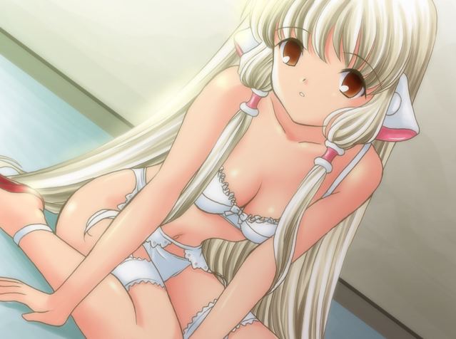 bare_shoulders blonde_hair bra brown_eyes chii chobits eyebrows_visible_through_hair flat_chest game_cg lingerie long_hair non-web_source panties ryunnu solo underwear underwear_only very_long_hair white_panties