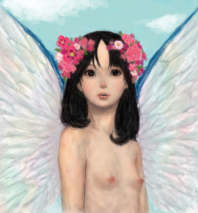 bad_id bad_pixiv_id black_hair copyright_request flat_chest flower hair_ornament long_hair nipples nude pon solo wings