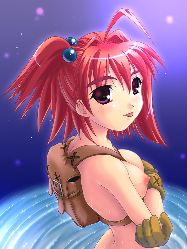 artist_request backpack bag breasts galaxy medium_breasts novice nude ragnarok_online red_hair solo tongue twintails