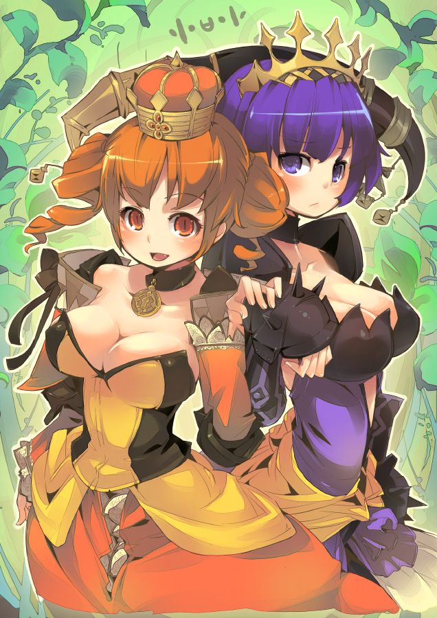 blush breasts choker cleavage crown dress fang fantasy_earth_zero large_breasts multiple_girls orange_eyes orange_hair purple_eyes purple_hair super_zombie tiara twintails