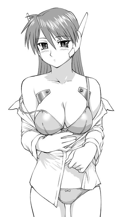 android blush bow bow_panties bra breasts cleavage dress_shirt greyscale large_breasts lingerie long_hair monochrome no_pants open_clothes open_shirt panties robot_ears serio shirt shirt_pull solo strap_slip to_heart ueyama_michirou underwear