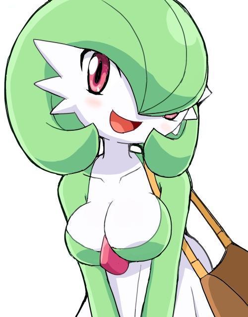 1girl bag breasts cleavage female gardevoir green green_hair handbag monster_girl nintendo pokemoa pokemon pokemon_furry pokemorph purse red_eyes simple_background soara solo