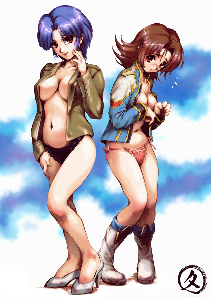 akimi_akatsuki_(female) areolae blush boots breasts brown_eyes brown_hair fairy_firefly high_heels hisahiko large_breasts midriff multiple_girls navel open_clothes open_shirt panties purple_hair red_eyes shirt shoes short_hair super_robot_wars super_robot_wars_gc underwear uniform