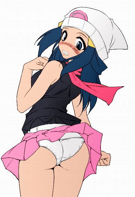 ass blue_eyes blue_hair blush embarrassed hikari_(pokemon) humiliation panties pokemon skirt underwear upskirt