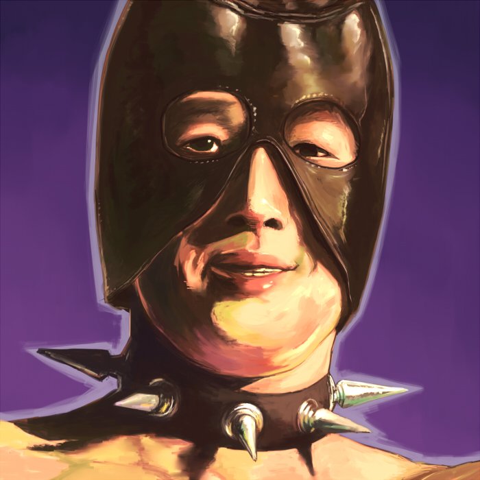 1boy bare_chest black_neckwear collar cropped_torso gachimuchi grin leather_mask looking_at_viewer male_focus matsutani outline portrait purple_background purple_outline realistic serious shadow simple_background smile solo spiked_collar spikes uneven_eyes van_darkholme