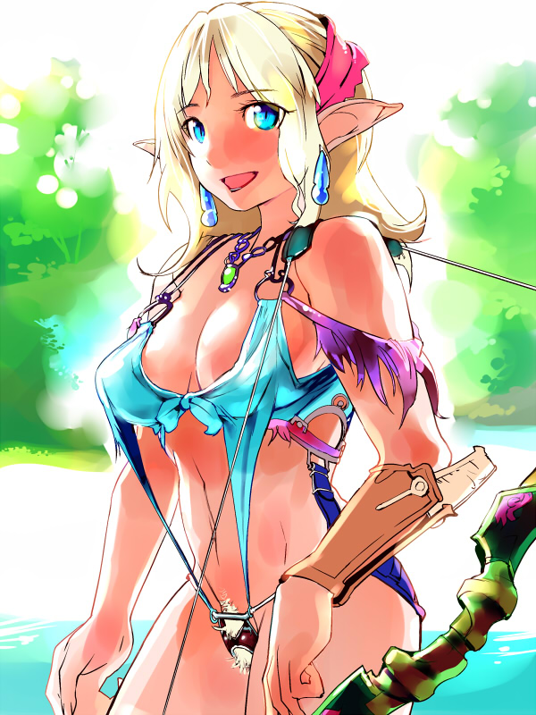 bare_shoulders blonde_hair blue_eyes bow_(weapon) earrings elf hairband igarasy jewelry long_hair original pointy_ears pubic_hair slingshot_swimsuit solo swimsuit water weapon