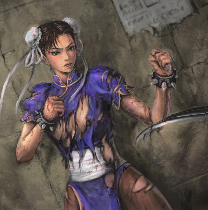 1girl angry areola_slip areolae balrog bangs battle blood blood_on_breasts blood_on_face bloody_clothes bloody_hands bloody_weapon bracelet breasts brown_eyes brown_hair brown_legwear bruise bun_cover china_dress chinese_clothes chun-li claw_(weapon) cleavage clenched_hands clenched_teeth cowboy_shot cuts double_bun dress dutch_angle eye_contact fighting_stance injury jewelry large_breasts lips looking_at_another neongun nipples no_bra no_panties pantyhose parted_lips pelvic_curtain ribbon sash short_hair short_sleeves side_slit spiked_bracelet spikes standing street_fighter teeth torn_clothes torn_dress torn_legwear turtleneck weapon
