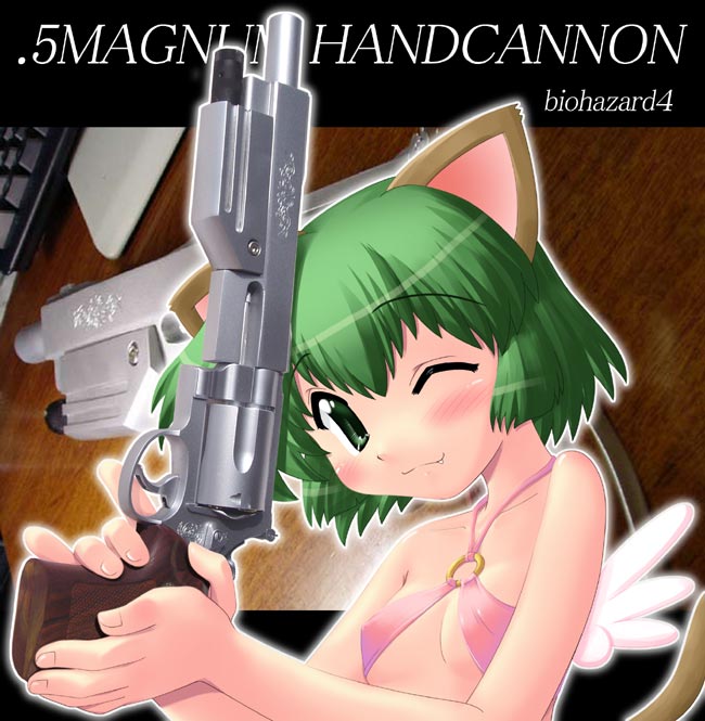 :3 animal_ears bare_shoulders blush breasts cat_ears cat_tail cleavage covered_nipples fang flat_chest green_eyes green_hair gun handgun hase_yu nyano one_eye_closed original revolver short_hair small_breasts solo tail underboob weapon wings