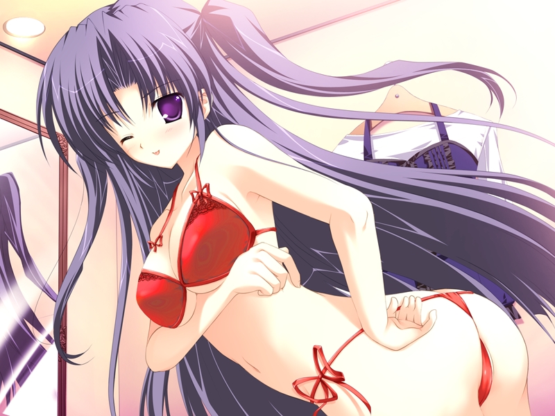 bow bow_bra bra breast_hold breasts game_cg lingerie long_hair lyrical_ds lyrical_lyric medium_breasts mikeou mirror non-web_source one_eye_closed panties purple_eyes purple_hair red_bra red_panties side-tie_panties solo takami_rin thong twintails underwear underwear_only