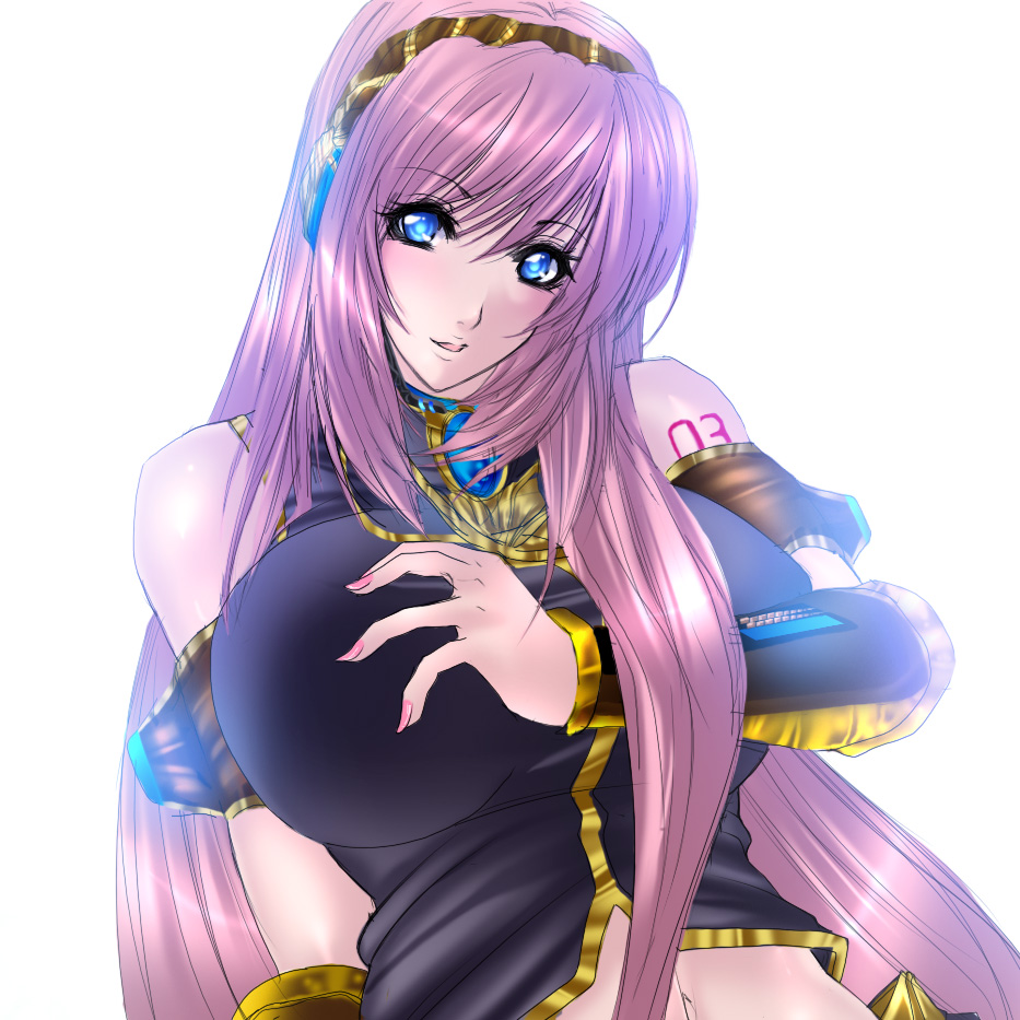 bad_id bad_pixiv_id blue_eyes blush breast_grab breasts fingernails grabbing headset huge_breasts juri_(shiningred) long_fingernails long_hair megurine_luka midriff nail_polish naughty_face pink_hair pink_nails smile solo vocaloid