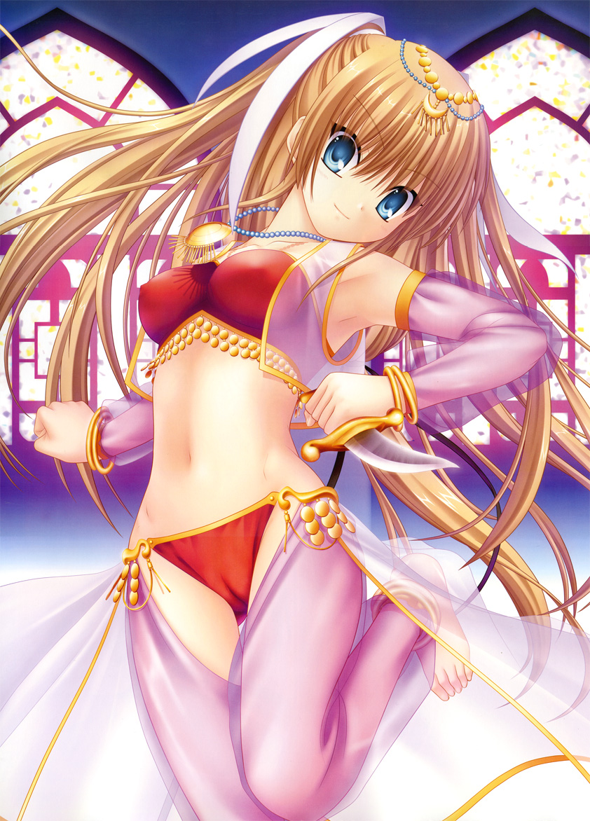anklet armpits barefoot blonde_hair blue_eyes bracelet cameltoe coin_(ornament) dancer detached_sleeves gypsy hair_ribbon jewelry knife legs little_busters! long_hair midriff na-ga navel necklace ponytail ribbon see-through solo tokido_saya