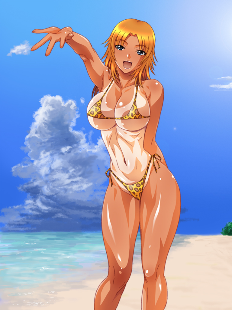 1girl beach bikini breasts female kodamashi large_breasts leopard_print outdoors shiny side-tie_bikini sky solo swimsuit tan tanline