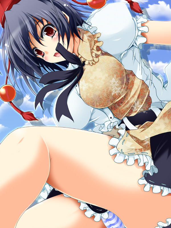 black_hair breasts cameltoe hat large_breasts looking_at_viewer open_mouth panties pantyshot red_eyes reiha_(penetrate) shameimaru_aya solo touhou underwear