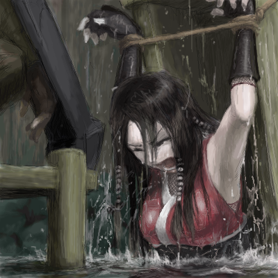 1girl acquire bdsm bearclaw black_hair bondage bound crying elbow_gloves eyes_closed fishnets game_over gloves kinu kunoichi long_hair lowres ninja open_mouth peril prisoner screaming shinobido tears torture trap water water_wheel wet