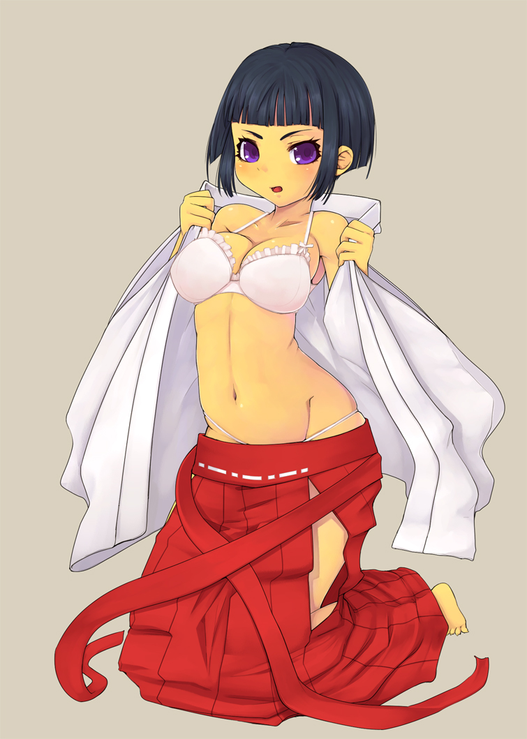 bad_id bad_pixiv_id barefoot black_hair blush bra breasts copyright_request hakama japanese_clothes kneeling large_breasts lingerie mahito midriff miko open_clothes panties purple_eyes red_hakama short_hair solo underwear undressing