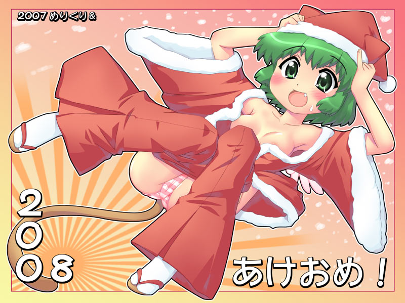 2007 2008 akeome armpits bare_shoulders blush cat_tail christmas collarbone fang flat_chest green_eyes green_hair happy_new_year hase_yu hat merry_christmas new_year nyano original panties sandals santa_costume santa_hat smile solo striped striped_panties sweatdrop tail underwear wings