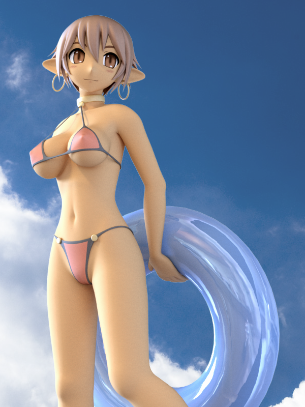 3d bad_id bad_pixiv_id bikini breasts choker day earrings innertube jewelry large_breasts original pointy_ears solo swimsuit tamekiti underboob