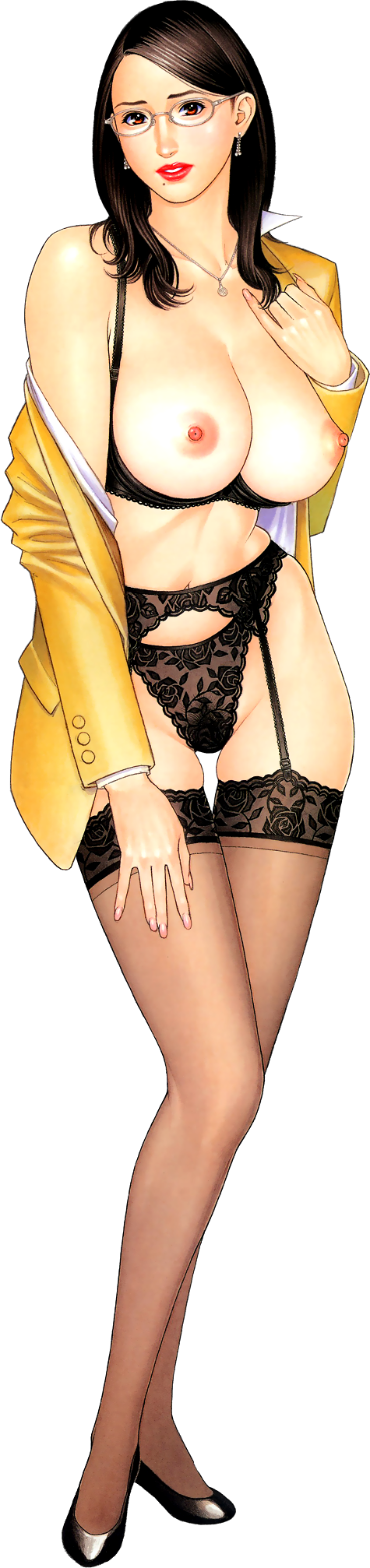 bare_shoulders blazer breasts earrings fingernails full_body garter_belt glasses highres izayoi_seishin jacket jewelry large_breasts lingerie long_image m_onna_senka necklace nipples pinky_out pubic_hair red_eyes shirt shoes solo standing tall_image thighhighs third-party_edit transparent_background underwear white_shirt zaizen_chikako