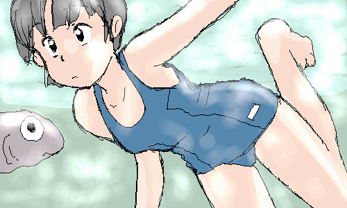 awatake_takahiro barefoot black_eyes black_hair feet fish lowres one-piece_swimsuit school_swimsuit short_hair swimsuit toes underwater