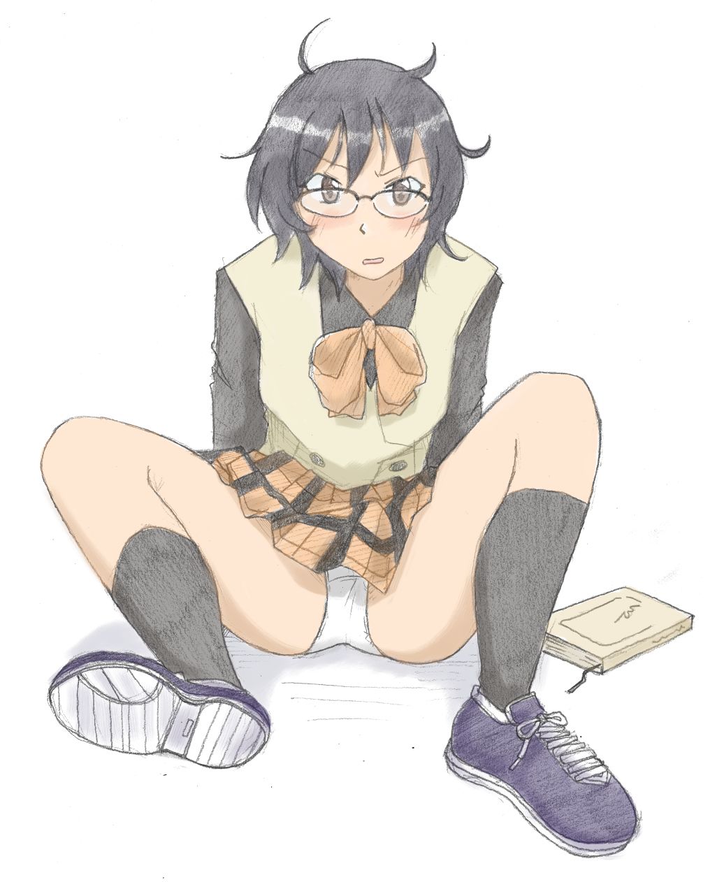 black_hair blush book glasses highres hyakko kazamatsuri_touma panties pantyshot plaid plaid_skirt sachisuke_masumura school_uniform skirt solo underwear upskirt