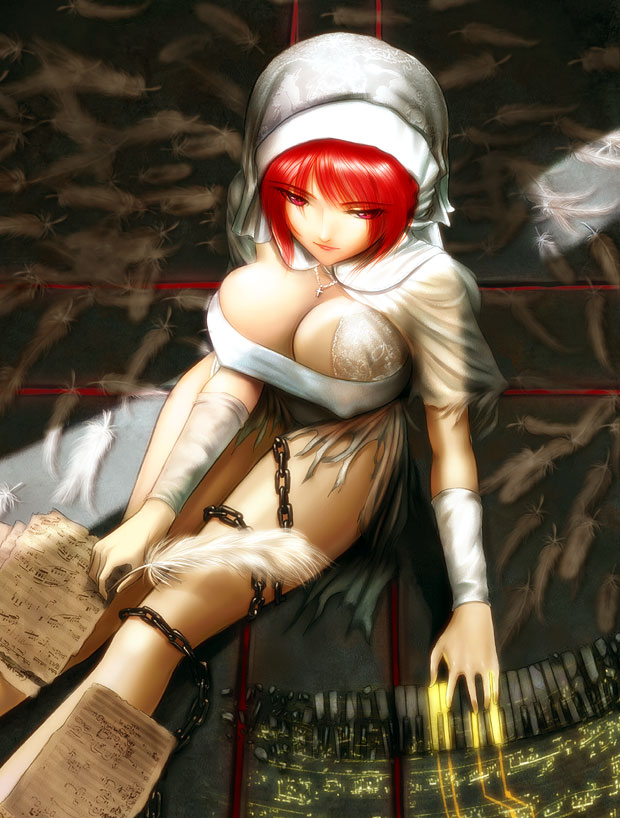 breasts chain cleavage feathers hood instrument large_breasts original piano_keys quill red_eyes red_hair s_zenith_lee sheet_music solo synthesizer