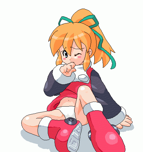 blonde_hair blue_eyes child hair_ribbon long_hair lowres panties pantyshot ponytail ribbon rockman rockman_(classic) roll solo underwear