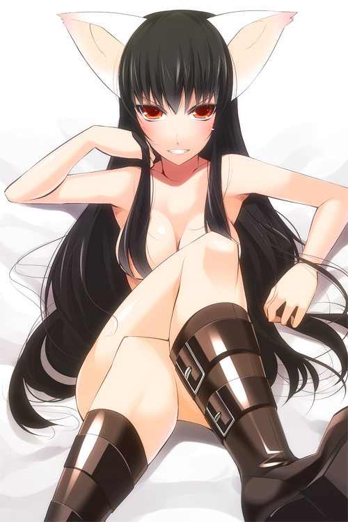 animal_ears bad_id bad_pixiv_id black_hair convenient_censoring copyright_request crossed_legs grin hair_censor hair_over_breasts long_hair oota_yuuichi red_eyes sitting smile solo very_long_hair