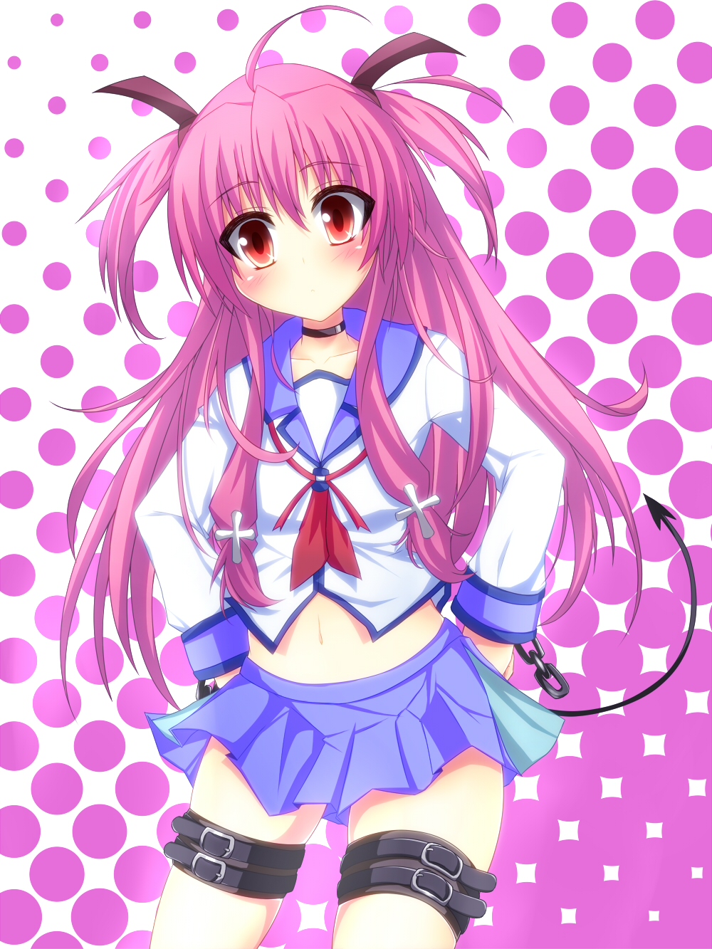 ahoge angel_beats! belt blush choker cross demon_tail halftone halftone_background hands_on_hips highres long_hair looking_at_viewer midriff navel pink_hair red_eyes school_uniform solo staring suterii tail thigh_strap two_side_up wide-eyed yui_(angel_beats!)