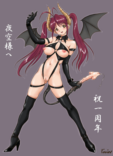 1girl artist_request blush boots breasts brown_eyes cum demon_girl gloves horns latex latex_gloves monster_girl nipples penis purple_hair pussy smile solo succubus tail thigh_boots thighhighs translation_request twintails uncensored wings