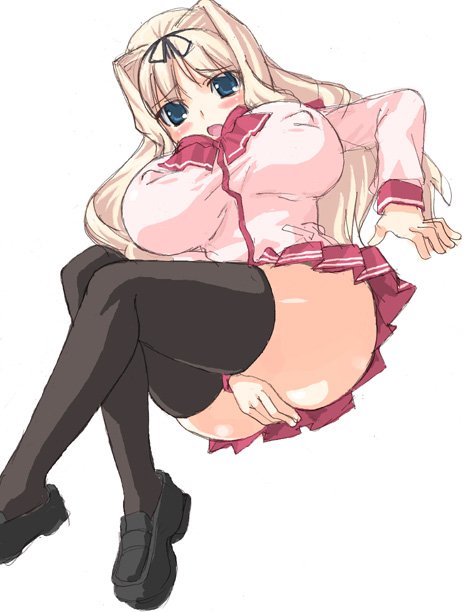 blonde blonde_hair blush breasts character_request hirose_(mokiki) huge_breasts school_uniform source_request thighhighs