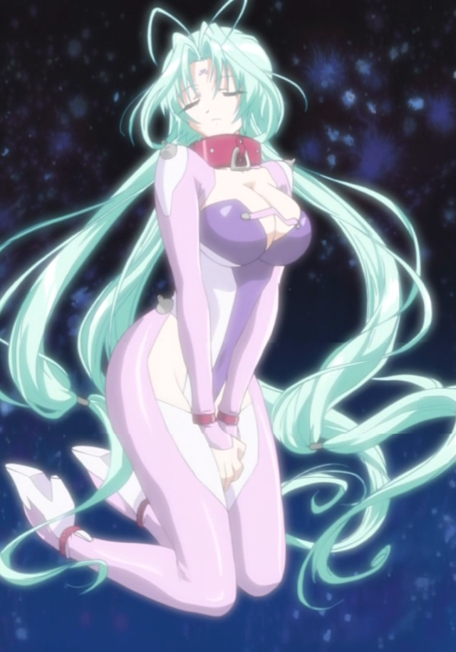 antenna_hair breasts cleavage closed_eyes collar dears facial_mark forehead_mark green_hair high_heels large_breasts long_hair ren_(dears) screencap solo stitched third-party_edit very_long_hair