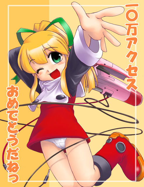 artist_request blonde_hair boots cameltoe green_eyes hair_ribbon knee_boots panties red_skirt ribbon rockman rockman_(classic) roll skirt solo underwear