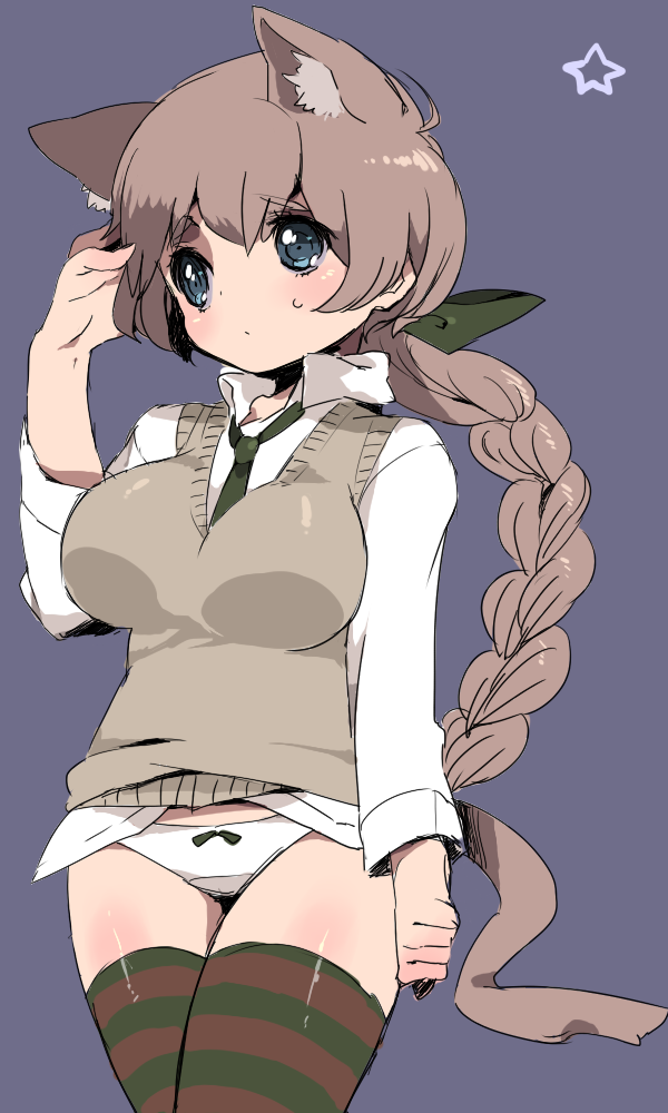 animal_ears blue_eyes blush bow bow_panties braid breasts brown_hair cat_ears cat_tail ichihaya large_breasts long_hair lynette_bishop necktie panties single_braid solo strike_witches striped striped_legwear tail thighhighs underwear world_witches_series