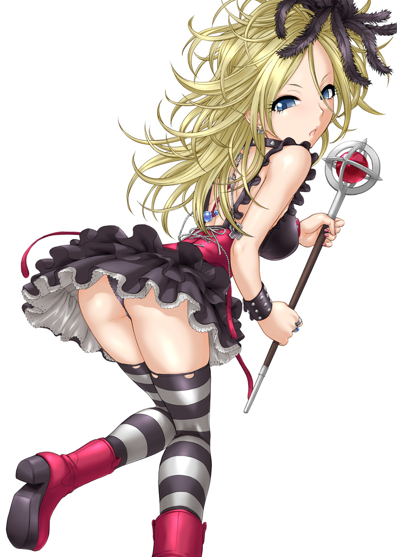 ass blonde_hair blue_eyes boots collar corset dragon_quest dragon_quest_swords feathers hair_feathers jewelry long_hair panties ring setia solo st.germain-sal striped striped_legwear thighhighs underwear upskirt