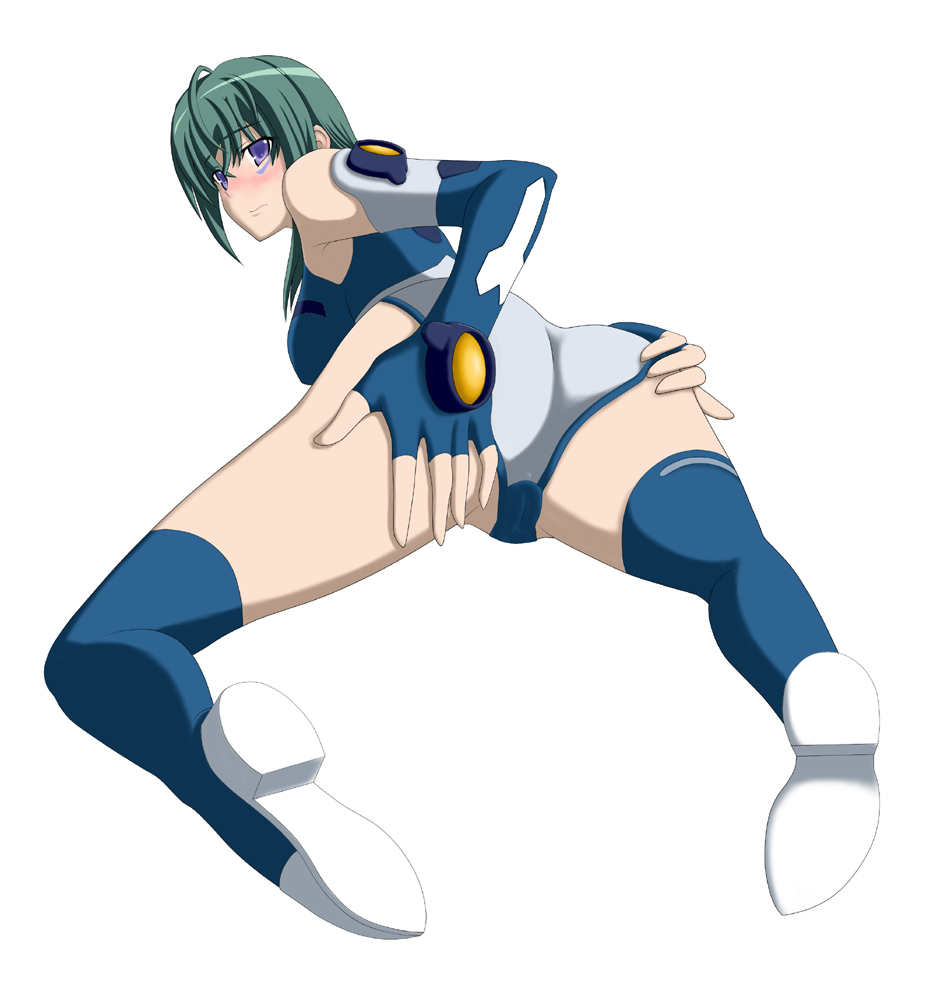 ahoge armpits ass bad_id bad_pixiv_id bangs bare_shoulders blue_footwear blue_gloves blue_legwear blue_leotard blush boots breasts cameltoe elbow_gloves embarrassed facial_mark fingerless_gloves from_behind full_body gloves green_hair hand_on_ass hand_on_own_thigh kannagi_itsuki large_breasts leotard looking_at_viewer looking_back lying mikepon_(ota_office) nose_blush on_stomach partially_visible_vulva pilot_suit purple_eyes simple_background solo sora_wo_kakeru_shoujo spread_legs thigh_boots thighhighs trefoil