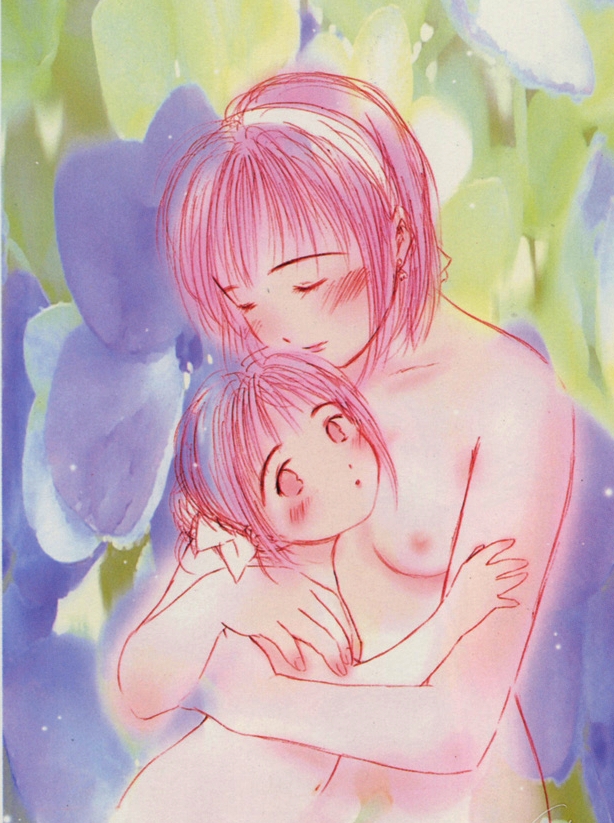 :d ^_^ ^o^ blush breasts child closed_eyes collarbone hairband hug ii_hito mother_and_daughter motherly nipples nude open_mouth red_hair small_breasts smile solo takahashi_shin upper_body
