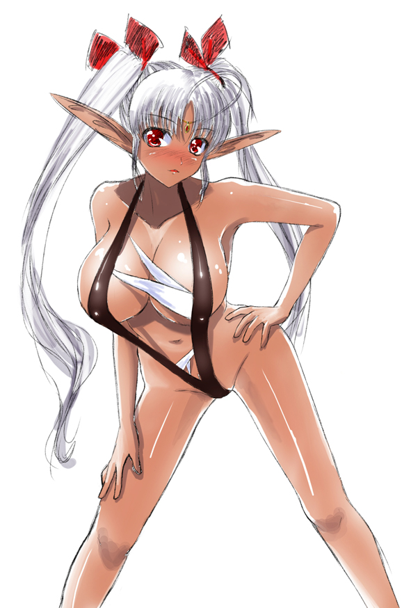 bad_id bad_pixiv_id breasts cleavage dark_skin elf large_breasts leaning_forward long_hair original pointy_ears red_eyes shiba_(pixiv244) silver_hair slingshot_swimsuit solo swimsuit twintails