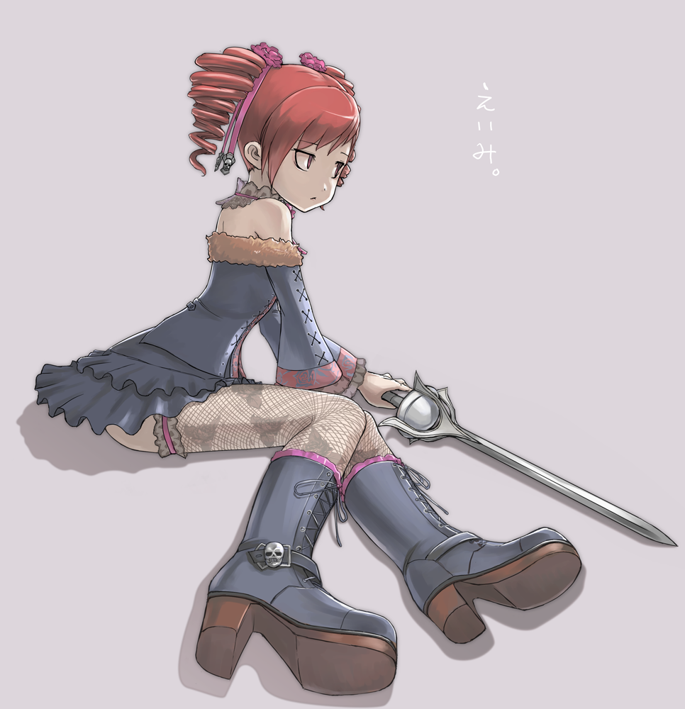 :&lt; amy_sorel bad_id bad_pixiv_id bare_shoulders boots choker dress drill_hair fishnet_legwear fishnets fur_trim gothic_lolita lace lolita_fashion rapier red_hair short_twintails sitting solo soulcalibur sword tea_(nakenashi) thighhighs twintails weapon