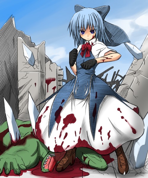 blood blood_on_face blood_splatter blue_eyes blue_hair bow cirno day dress empty_eyes guro hair_bow jikai sky solo touhou