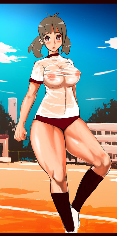 breasts buruma copyright_request covered_nipples grey_hair gym_uniform kneehighs large_breasts nipples red_eyes see-through solo thick_thighs thighs ya-zy