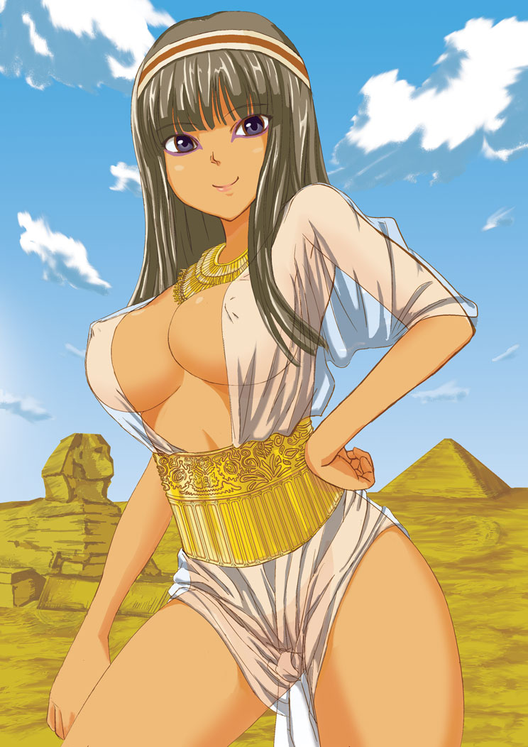 bad_id bad_pixiv_id bangs black_hair blunt_bangs breasts cloud copyright_request covered_nipples day desert egyptian eyebrows_visible_through_hair eyeliner eyes_visible_through_hair gold hairband hand_on_hip hime_cut jewelry large_breasts long_hair looking_at_viewer makeup necklace no_bra open_clothes open_robe purple_eyes pyramid robe see-through sky smile solo sphinx tarushimu