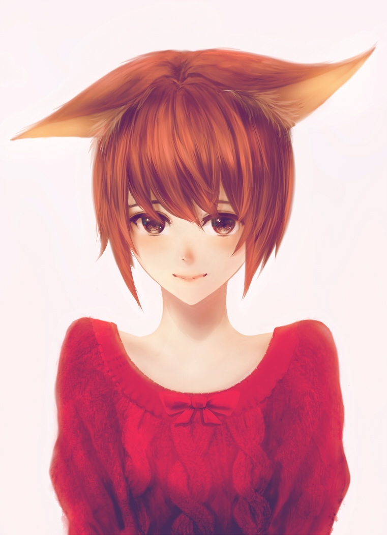 1girl animal_ears blush bow breasts brown_hair cat_ears commentary ear_down embarrassed lips looking_at_viewer original red_sweater sakimori_(hououbds) short_hair shrug simple_background small_breasts smile solo sweater upper_body
