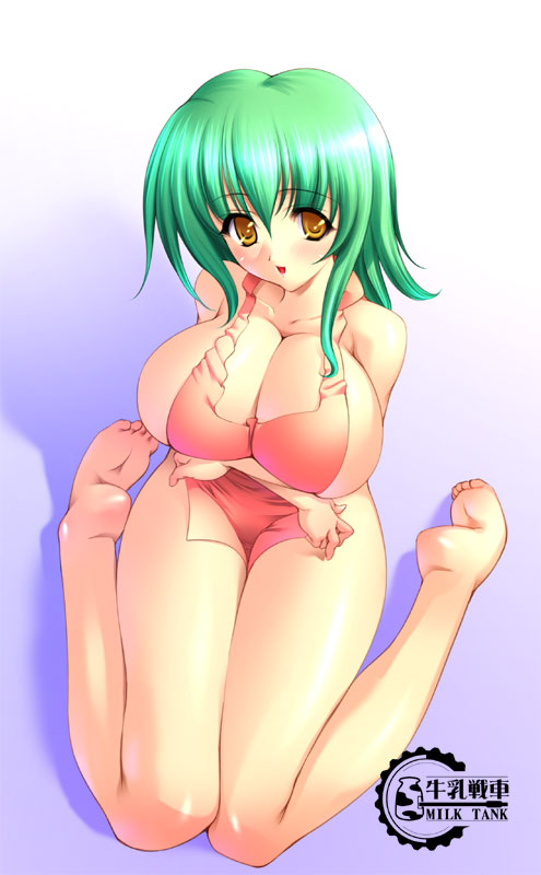 apron bad_anatomy bad_feet barefoot breast_hold breasts cleavage green_hair gunner-l huge_breasts kneeling naked_apron sitting solo wariza yellow_eyes