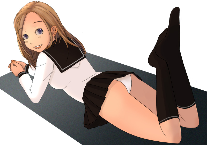 ass black_eyes brown_hair copyright_request feet hands_clasped kiriman_(souldeep) kneehighs lying miniskirt on_stomach own_hands_together panties pantyshot pantyshot_(lying) school_uniform serafuku skirt smile socks solo underwear