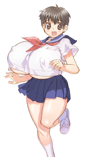 1girl blush breasts character_request cleavage curvy female gigantic_breasts hirose_(mokiki) huge_breasts nipples school_uniform short_hair simple_background smile solo source_request