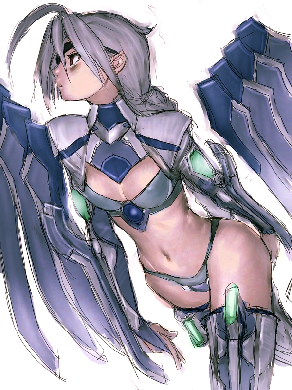 ahoge armor blazblue eyepatch flat_chest fumio_(rsqkr) grey_hair navel nu-13 red_eyes sketch solo wings