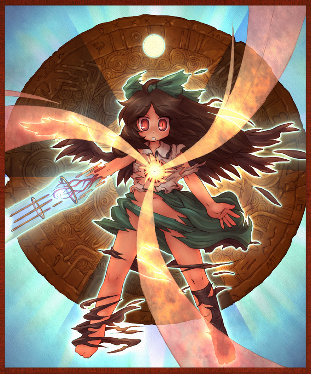 alternate_weapon arm_cannon brown_hair moon red_eyes reiuji_utsuho ribbon sankuma solo torn_clothes touhou weapon wings